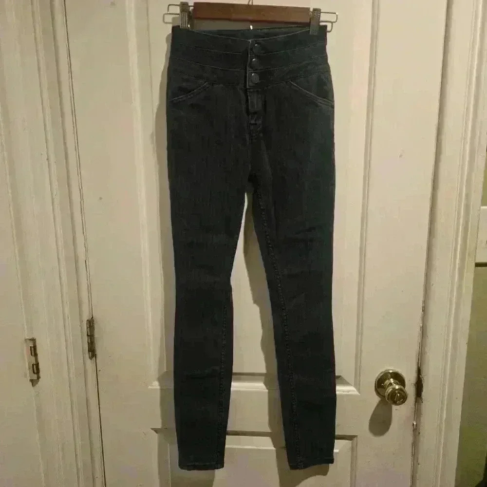 P7035  dark wash denim skinny jeans size 27in highr waist - Picture 2 of 9